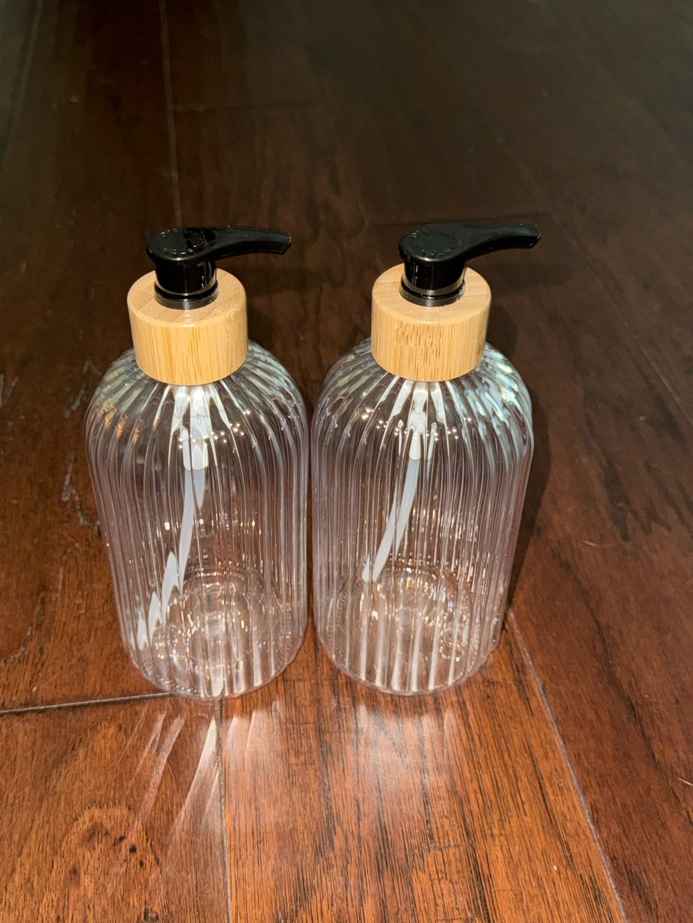 New Bamboo-Accent Clear Ribbed Plastic Pump Bottle - Set of 2